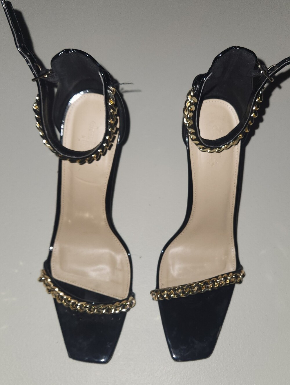 Black Patent Gold Chain-Trim High Heel Open Toes Charlotte Russe Size 9